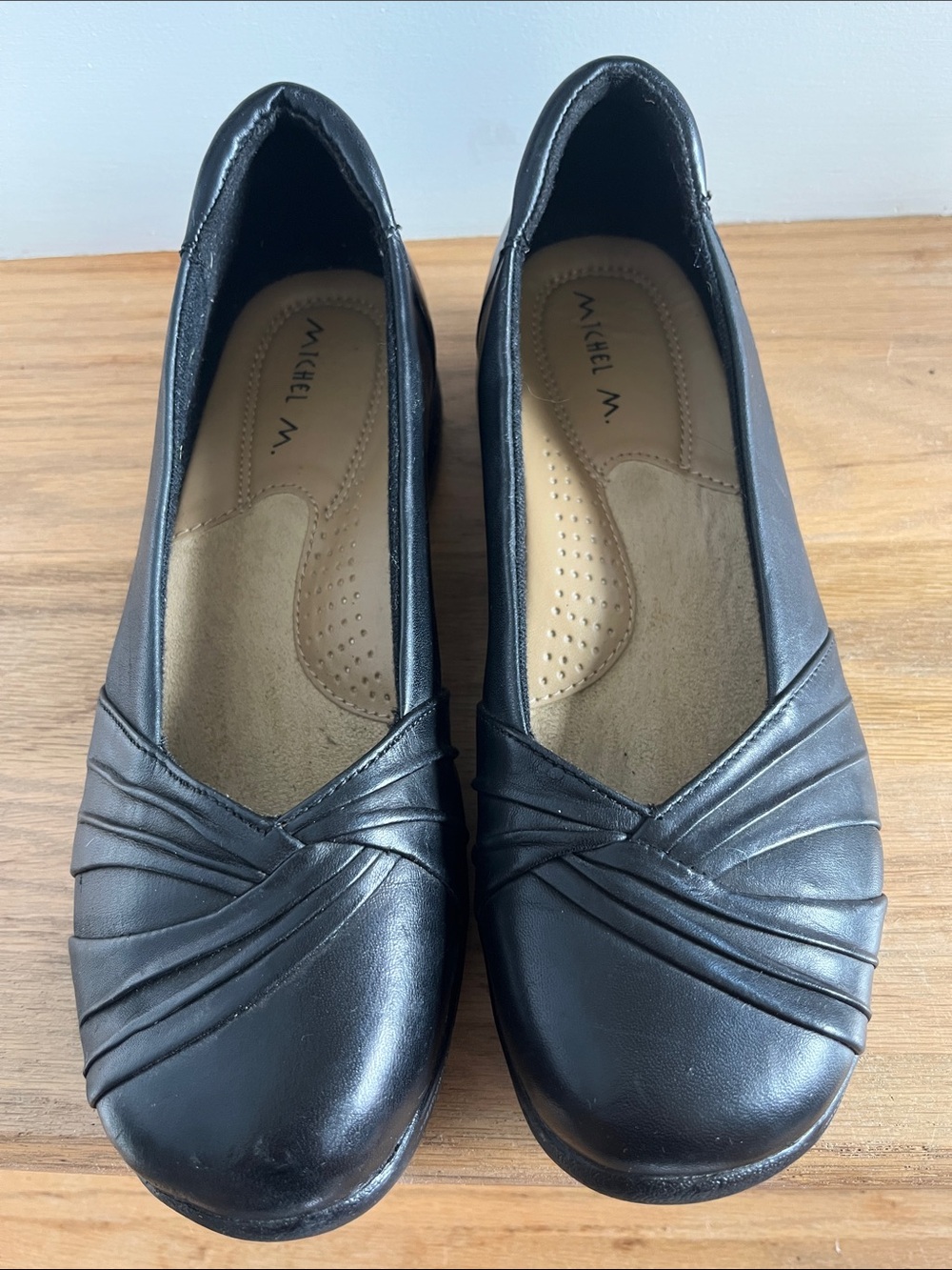 MICHAEL M Black Leather Slip-On Flats with Pleated V-Front